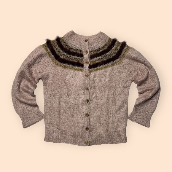Vintage Sweaters - Vintage 50s Womens Hand Knit Acrylic Cardigan Sweater Size Small Pale Pink Gold